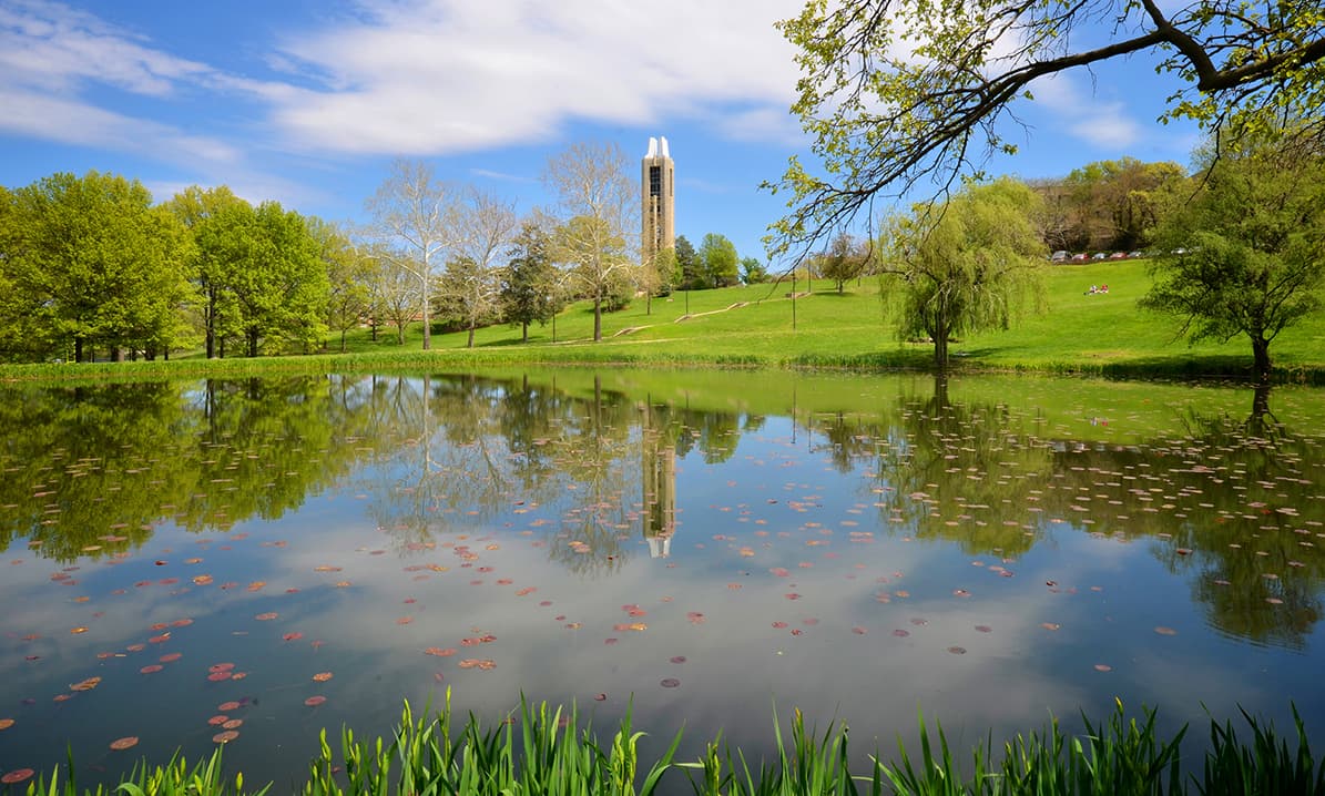 The University of Kansas campanile above Potter Lake in Lawrence, Kansas