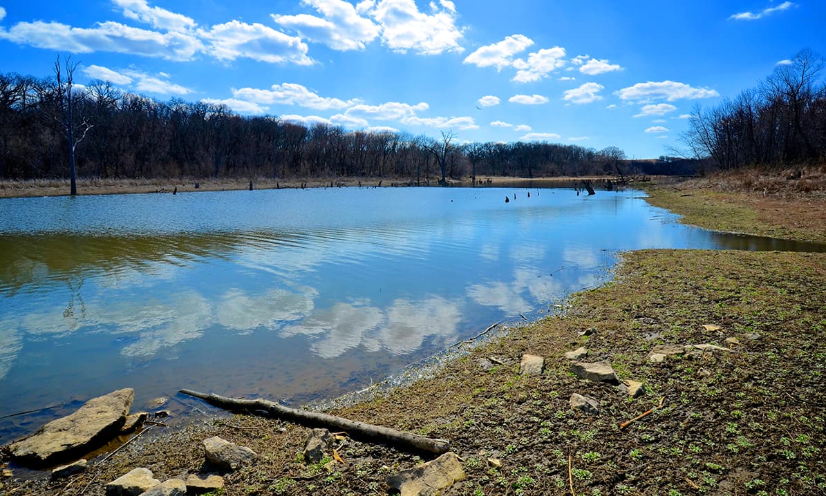 Calm water near Clinton Lake in southwest Lawrence, Kansas